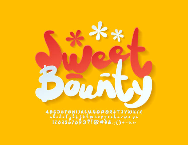 Vector colorful label with text Sweet Bounty. Handwritten playful Alphabet Letters, Numbers and Symbols White funny Font playful font stock illustrations
