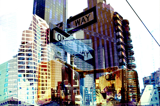 New York. Buildings and street sign. Digital composite.