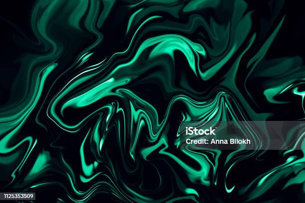 Marble Neon Luxury Mint Green Abstract Texture On Black Background Ebru Marbled Effect Ombre Teal Gradient Bright Pattern Distorted Macro Photography Stock Photo - Download Image Now