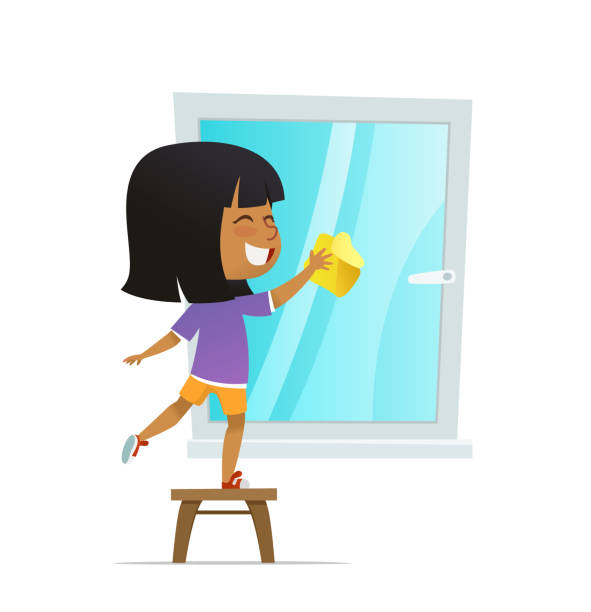 smilind dziewczyna mycia okna, koncepcja montessori angażowanie działań edukacyjnych. ilustracja wektorowa z kreskówek - convenience holding sign teenager stock illustrations
