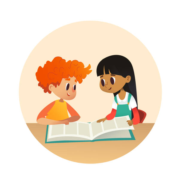 Boy and girl reading book and talking to each other at school library. School kids discussing story in round frames. Cartoon vector illustration for banner, poster. Boy and girl reading book and talking to each other at school library. School kids discussing story in round frames. Cartoon vector illustration for banner, poster friends laughing stock illustrations