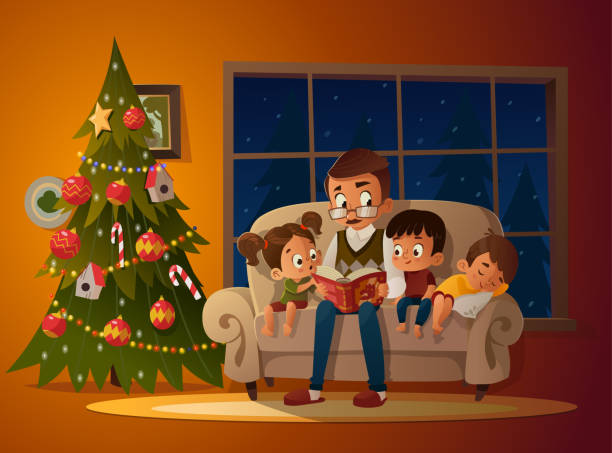 Grandfather sitting with grandchildren on a cozy sofa with the book, near Christmas tree. Reading and telling book fairy tale story. Boys and girl listen to him. Vector illustration. Cozy evening Grandfather sitting with grandchildren on a cozy sofa with the book, reading and telling book fairy tale story. Boys and girl listen to him. Vector cartoon illustration. Cozy family evening. family christmas stock illustrations
