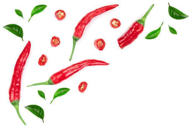 istock red hot chili peppers isolated on white background. Top view. Flat lay pattern 1125357402