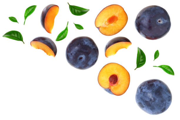 istock plums with leaf isolated on a white background with copy space for your text. Top view. Flat lay pattern 1125357490