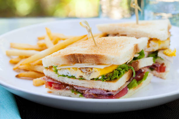 club sandwich with french fries on a white plate. summer outdoor background. - sandwich club sandwich ham turkey imagens e fotografias de stock