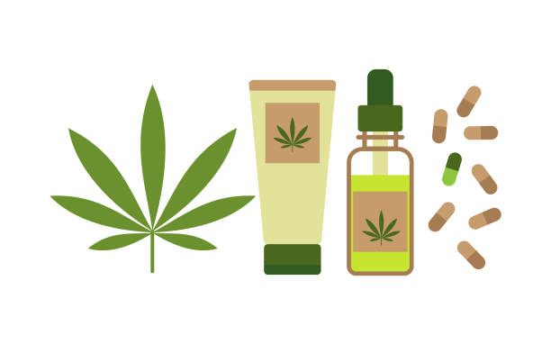 Hemp products concept. Oil, cream and capsules from cannabis. Vector Hemp products concept. Oil, cream and capsules from cannabis. Vector harm stock illustrations