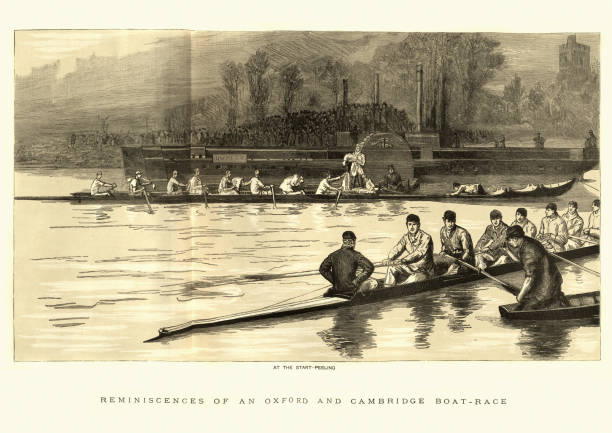 The Boat Race, Oxford vs. Cambridge, 19th Century Vintage engraving of The Boat Race, Oxford vs. Cambridge at the start peeling, 19th Century.  The Graphic, 1884 oxfordshire stock illustrations