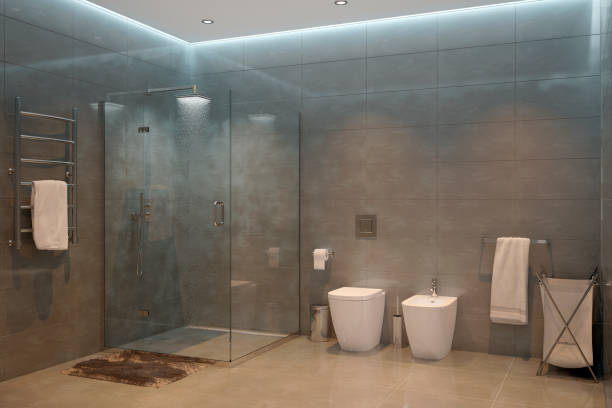 istock Gray modern shower room in the evening1 1125365250