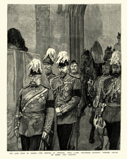 Prince Leopold, Duke of Albany, coffin arriving at Windsor Castle Vintage engraving of Prince Leopold, Duke of Albany, coffin arriving at Windsor, 19th Century. The Graphic, 1884 funeral procession stock illustrations