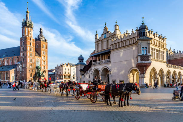 horse carriages in front of mariacki church on main square of krakow - cloth hall imagens e fotografias de stock