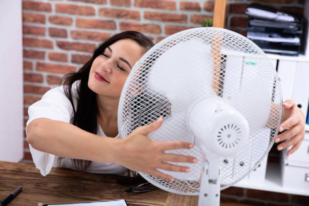 donna che si gode la brezza con ventilatore elettrico - cool business looking at camera posing foto e immagini stock