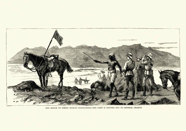 Vintage engraving of General Graham viewing Osman Digma's stronghold before the Battle of Tamai (or Tamanieh) took place on 13 March 1884 between a British force under Sir Gerald Graham and a Mahdist Sudanese army led by Osman Digna. . The Graphic, 1884