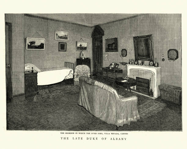 Vintage engraving of Bedroom where Prince Leopold, Duke of Albany died, Villa Nevada, Cannes, 19th Century. The Graphic, 1884