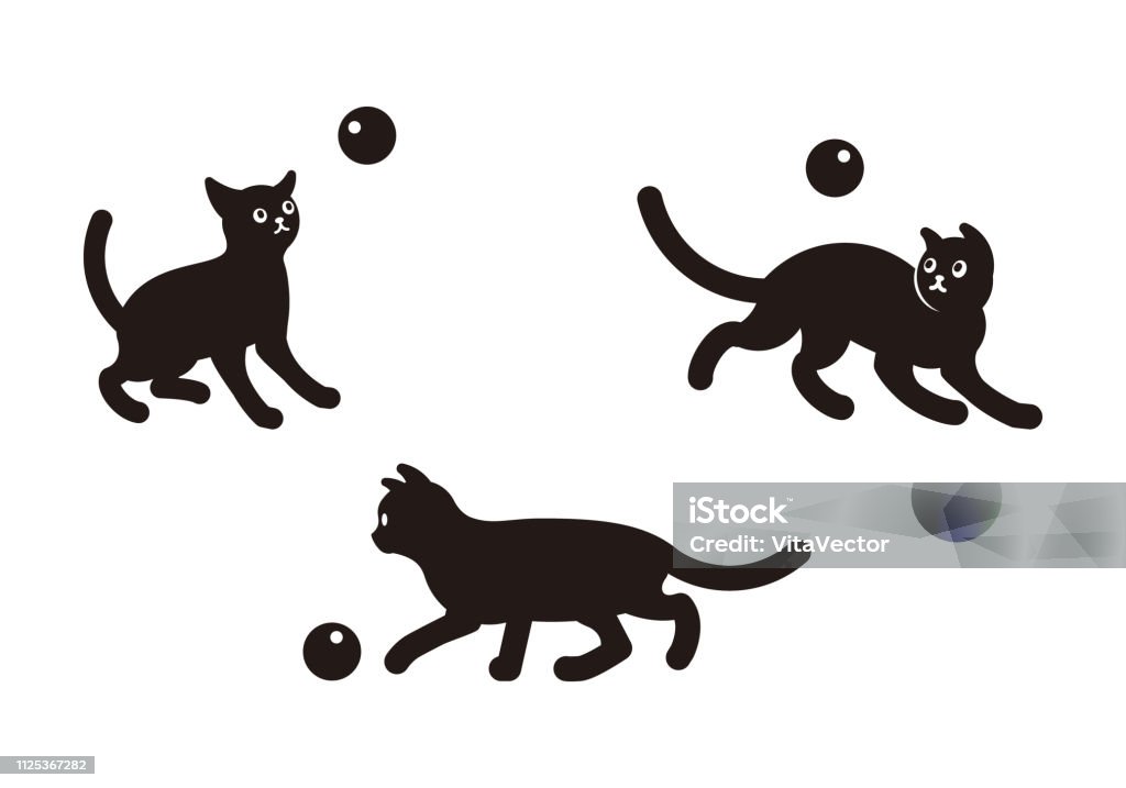 Vector set of illustration of cute black cats in various poses, isolated on white background. Flat style design for greeting card, print, web, site, banner, sticker, icon, packaging. Domestic Cat stock vector