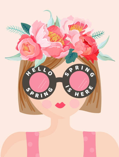 Hello Spring Romantic Banner with Cute Girls and Flowers. Floral Spring Design with Beautiful Woman in Trendy Eyeglasses for Poster, Flyer, Card. Vector illustration Hello Spring Romantic Banner with Cute Girls and Flowers. Floral Spring Design with Beautiful Woman in Trendy Eyeglasses for Poster, Flyer, Card. Vector illustration springtime woman stock illustrations