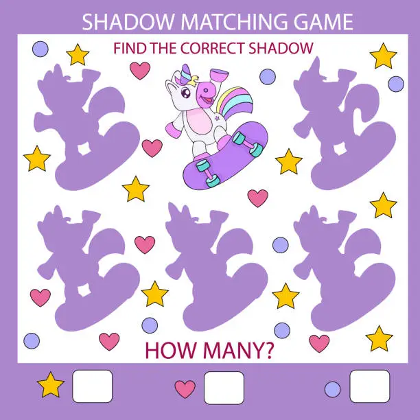 Vector illustration of Children shadow matching game. Find the correct shadow little cute unicorn on skateboard. Funny riddle entertainment. Activity page for baby. Kids count game. Birthday decor. Vector illustration.