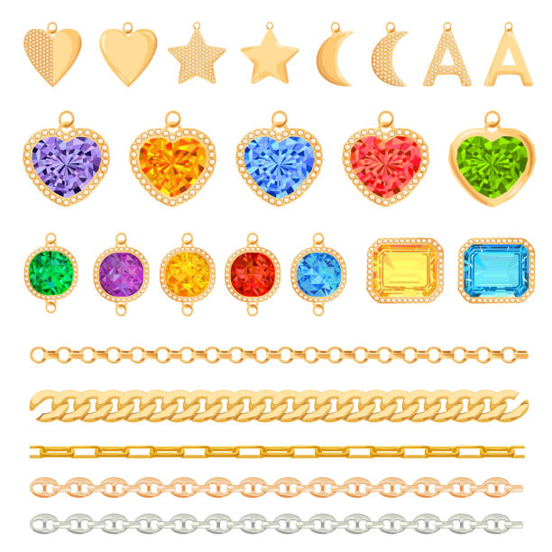 goldene ketten, edelsteine, diamanten-set. schmuck accessoires, anhänger, ohrringe, mode-elemente und gems collection. vektor-illustration - charm necklace stock-grafiken, -clipart, -cartoons und -symbole