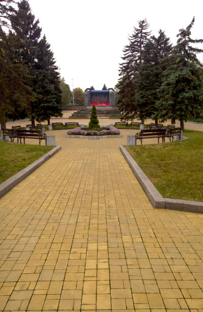 istock Autumn park, walking path. Cloudy weather. 1125370153