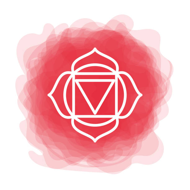 ilustraciones, imágenes clip art, dibujos animados e iconos de stock de icono de muladhara. el primer chakra de la raíz. círculo ahumada de vector rojo. símbolo de la línea. muestra sacra. meditación - om symbol lotus hinduism symbol