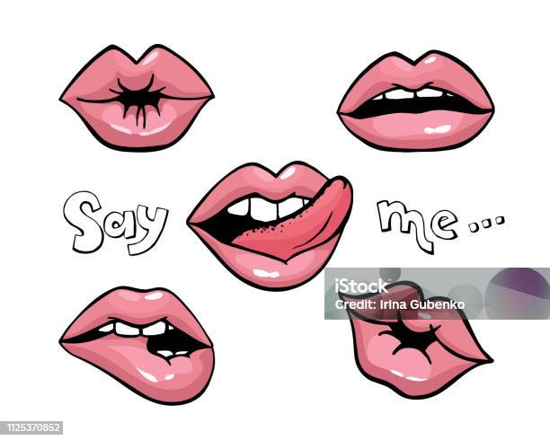 Lips Patch Collection Vector Sexy Isolated Doodle Womans Lips Expressing Different Emotions Kiss Biting Lip Licking Stock Illustration - Download Image Now