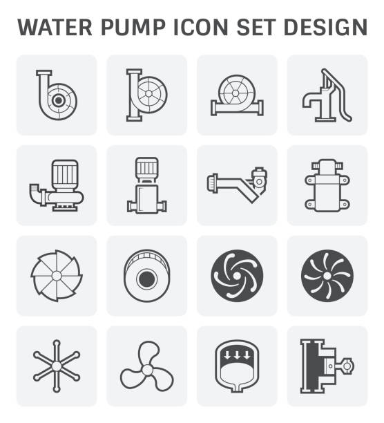 water pump icon Water pump and steel blade icon for water distribution. electric motor white background stock illustrations