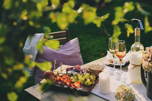 summer outdoor party table with white wine, cheese and ham plate with fruits. Garden festive table.
