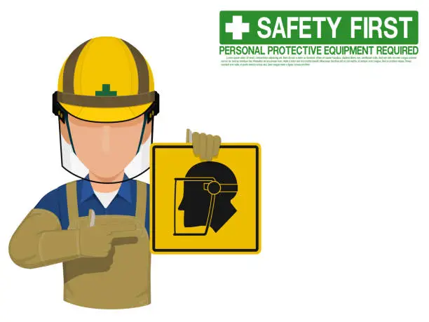 Vector illustration of Industrial worker is presenting face shield sign