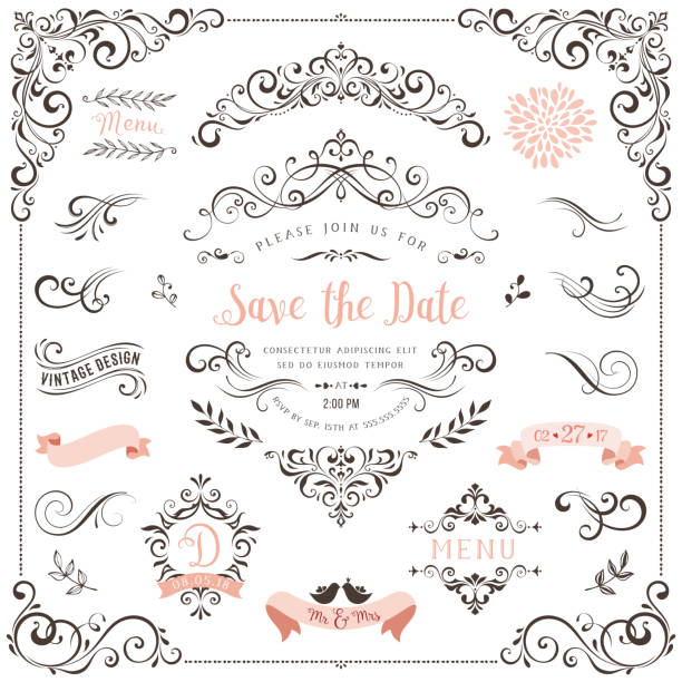 Ornate Elements Set_01 Ornate vintage design elements with calligraphy swirls, swashes, ornate motifs and scrolls.  Good for Save the Date cards, Wedding invitations and Thank You cards. Vector illustration. corner ribbon stock illustrations