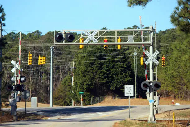 Rail transportation along highway: Railroad Crossing at Traffic Intersection.