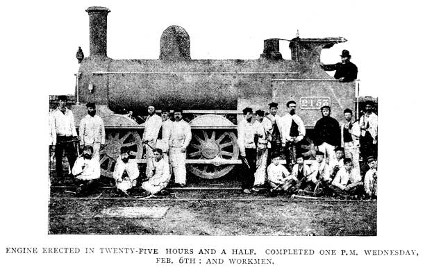 istock Victorian black and white engraving of  the completed engine which had been erected in a record 25 1/2 hours; London & North-West Locomotive Works Crewe; English Illustrated 1892 1125379805