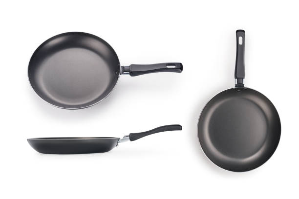 Black frying pan three views isolated on white with clipping path