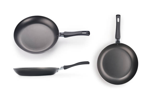 black frying pan three views isolated on white with clipping path - pan frying pan fried saucepan imagens e fotografias de stock