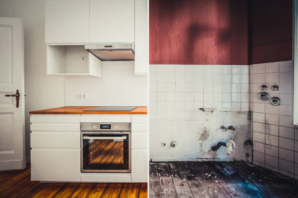 cocina antes y después de la restauración - concepto de renovación - split screen fotografías e imágenes de stock