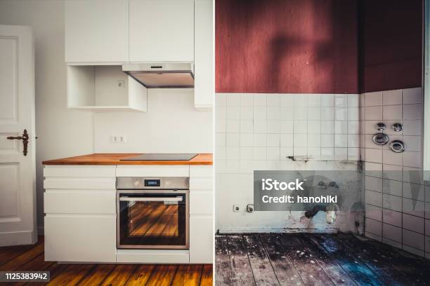 Builtin Kitchen Before And After Restoration Renovation Concept Stock Photo - Download Image Now