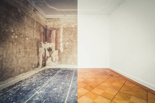 istock flat renovation, empty room before and after refurbishment or restoration  - 1125383947