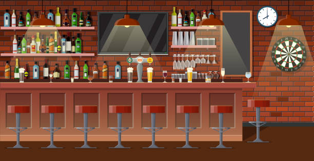 ilustraciones, imágenes clip art, dibujos animados e iconos de stock de interior de bar, cafetería o bar. - bar stool chair cafe