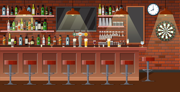 Drinking establishment. Interior of pub, cafe or bar. Bar counter, chairs and shelves with alcohol bottles. Glasses, tv, dart and lamp. Wooden decor. Vector illustration in flat style