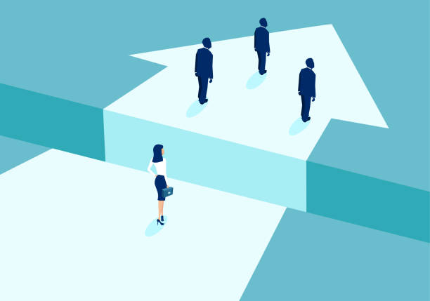 Vector of a businesswoman lagging behind businessmen and divided by gap. Gender discrimination in corporate culture concept. Vector of businesswoman lagging behind businessmen and divided by gap. uneven stock illustrations