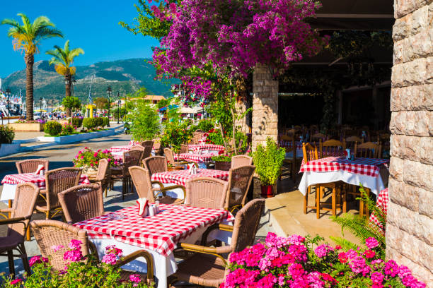 Nidri, Lefkada, Greece - August  02, 2017: Traditional Greek taverna in Nidri, Lefkada, Greece
