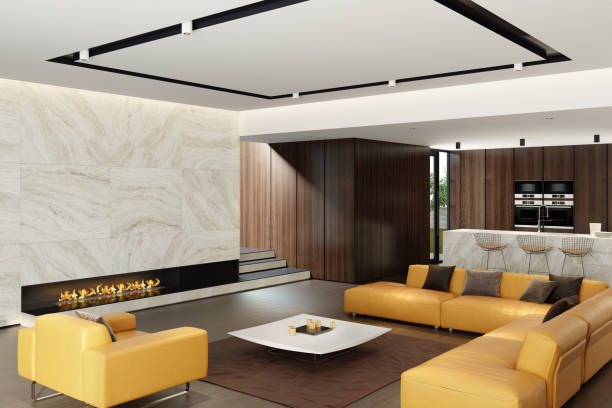 istock Modern minimalist living room and kitchen with eco fireplace 1125391696