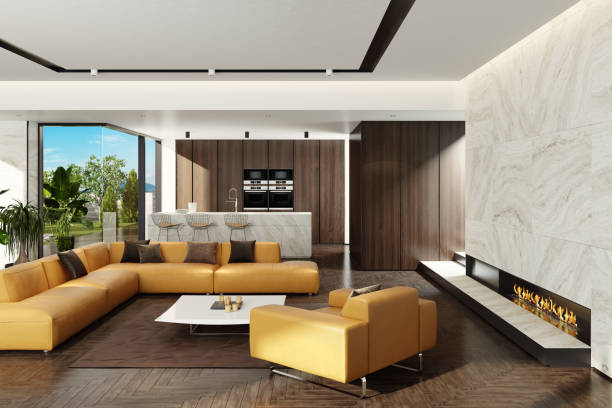 istock Modern minimalist living room and kitchen with eco fireplace 1125391697