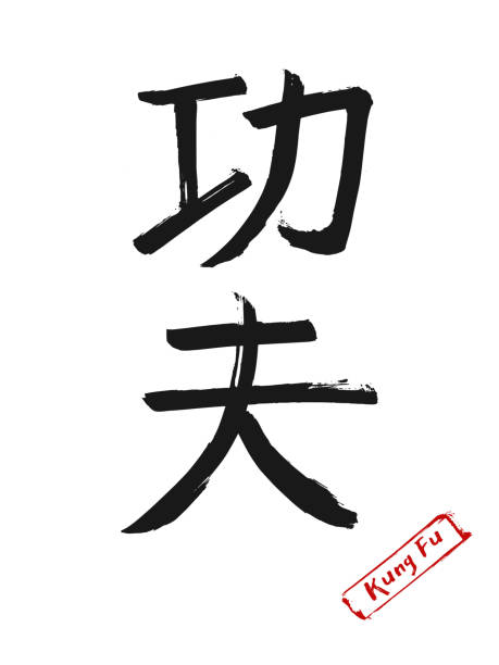 handgezeichnete hieroglyphe bedeutet kung fu. chinesische kampfkunst vektorsymbolen auf weißem hintergrund mit roten stempel und text. tinte bürste china kalligraphie schrift - shaolin stock-grafiken, -clipart, -cartoons und -symbole