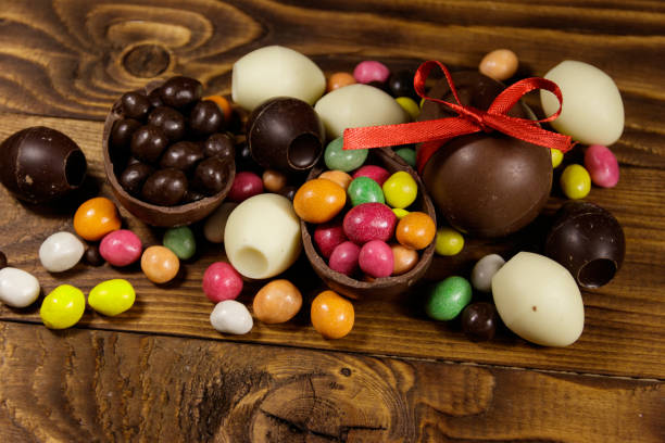 istock Easter composition with chocolate eggs on wooden background 1125395503