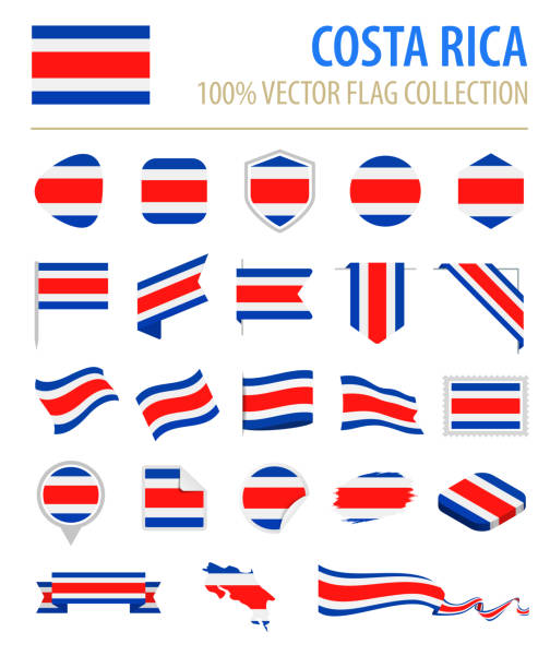 kostaryka - flag icon flat vector set - flaga kostaryki stock illustrations