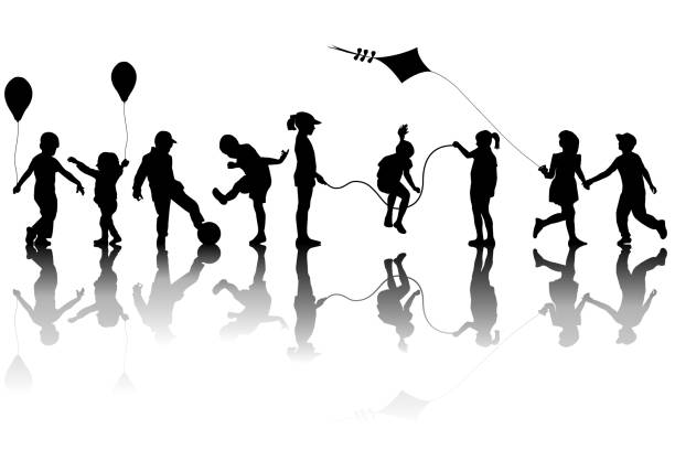 ilustraciones, imágenes clip art, dibujos animados e iconos de stock de siluetas de niños jugando con una cometa y globos - child balloon outdoors little boys