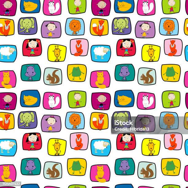 Seamless Pattern With Animals And Kids In Doodle Style Stock Illustration - Download Image Now