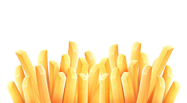 French fries. Roasted potato chips. Vector illustration. French fries. Roasted potato chips in deep fat fry oil potatoes. Yellow sticks. Fastfood. Unhealthy tasty food. Horizontal banner, isolated on white background. Eps10 vector illustration. french fries stock illustrations