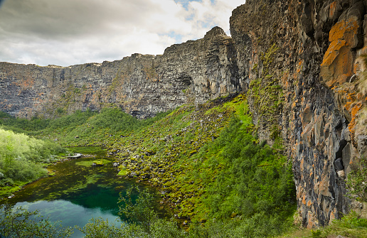 geologic circus in Ásbyrgi, Iceland during summer time
