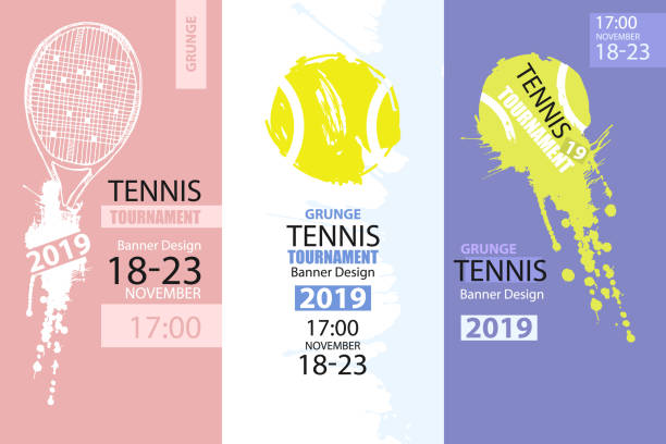 Set of color grunge designs of banners for tennis. Sketch tennis racket, dirty ball, hand drawing. Vertical Sport flyer template. Abstract background. Set template for tennis. tennis stock illustrations