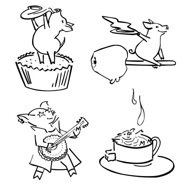 Vector illustration of cute vector funny set costumed magic pigs